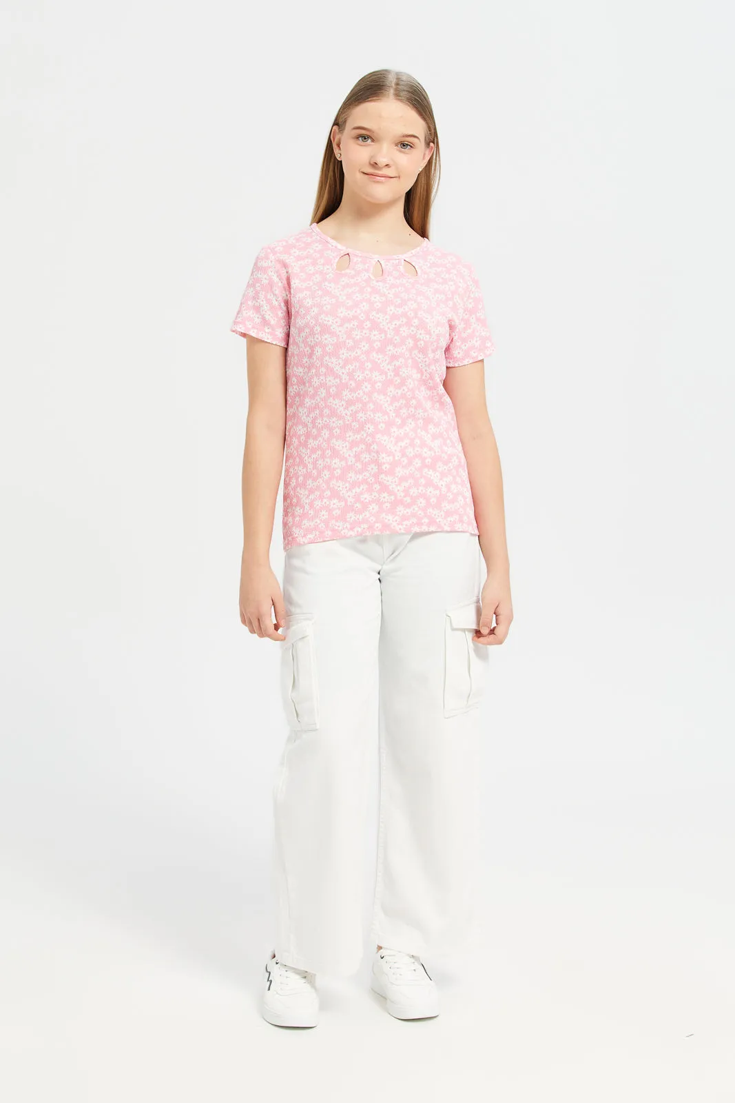 Senior Girls Pink Cut-Out On Neck Top