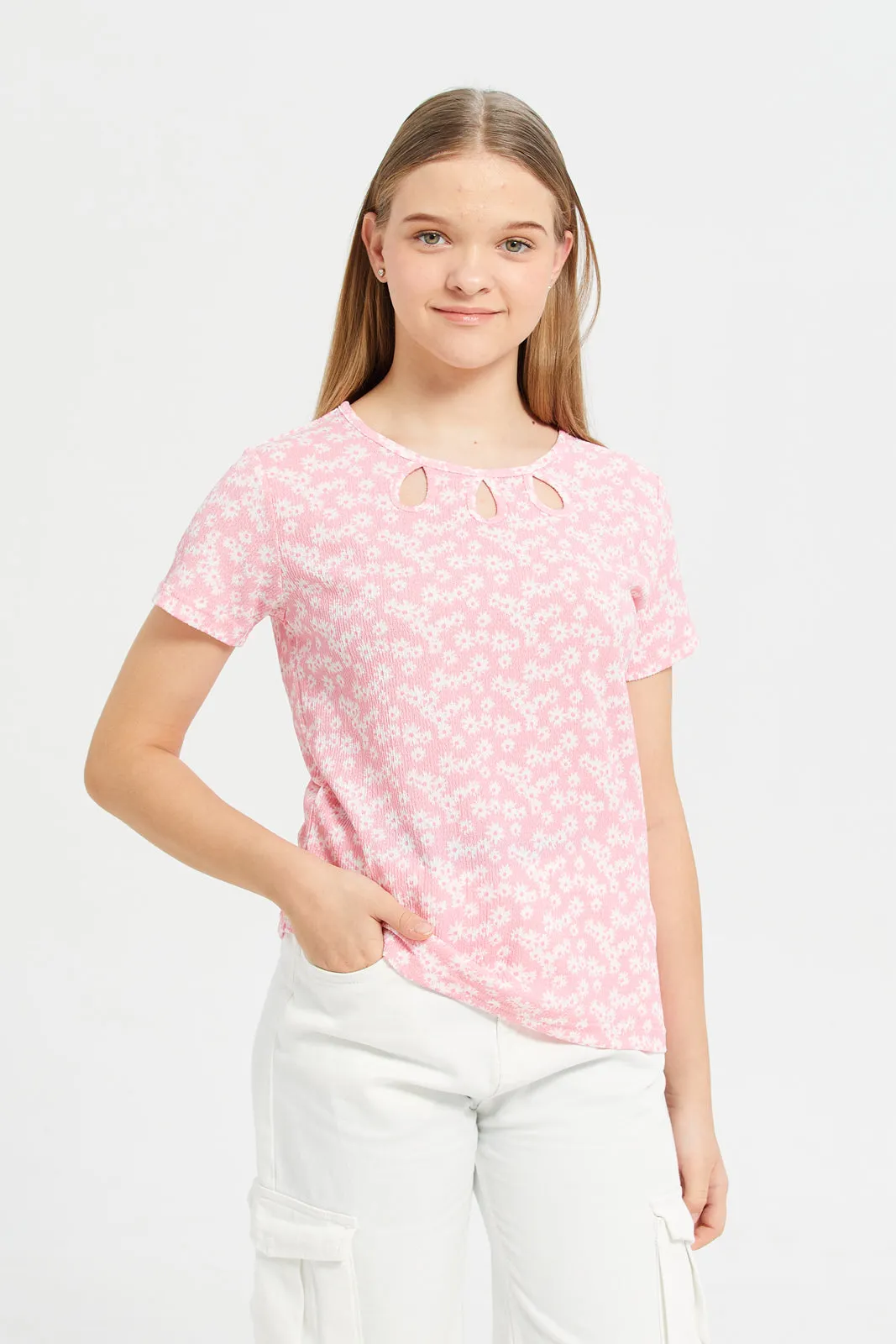 Senior Girls Pink Cut-Out On Neck Top