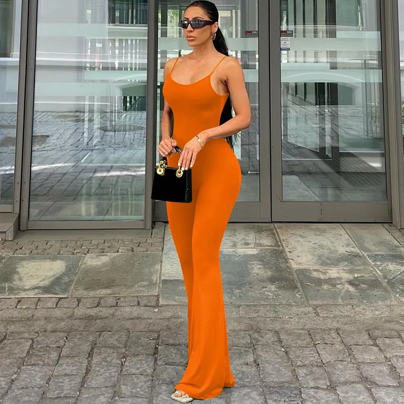 Sexy U-Neck Backless Bodycon Solid Color Jumpsuit with Spaghetti