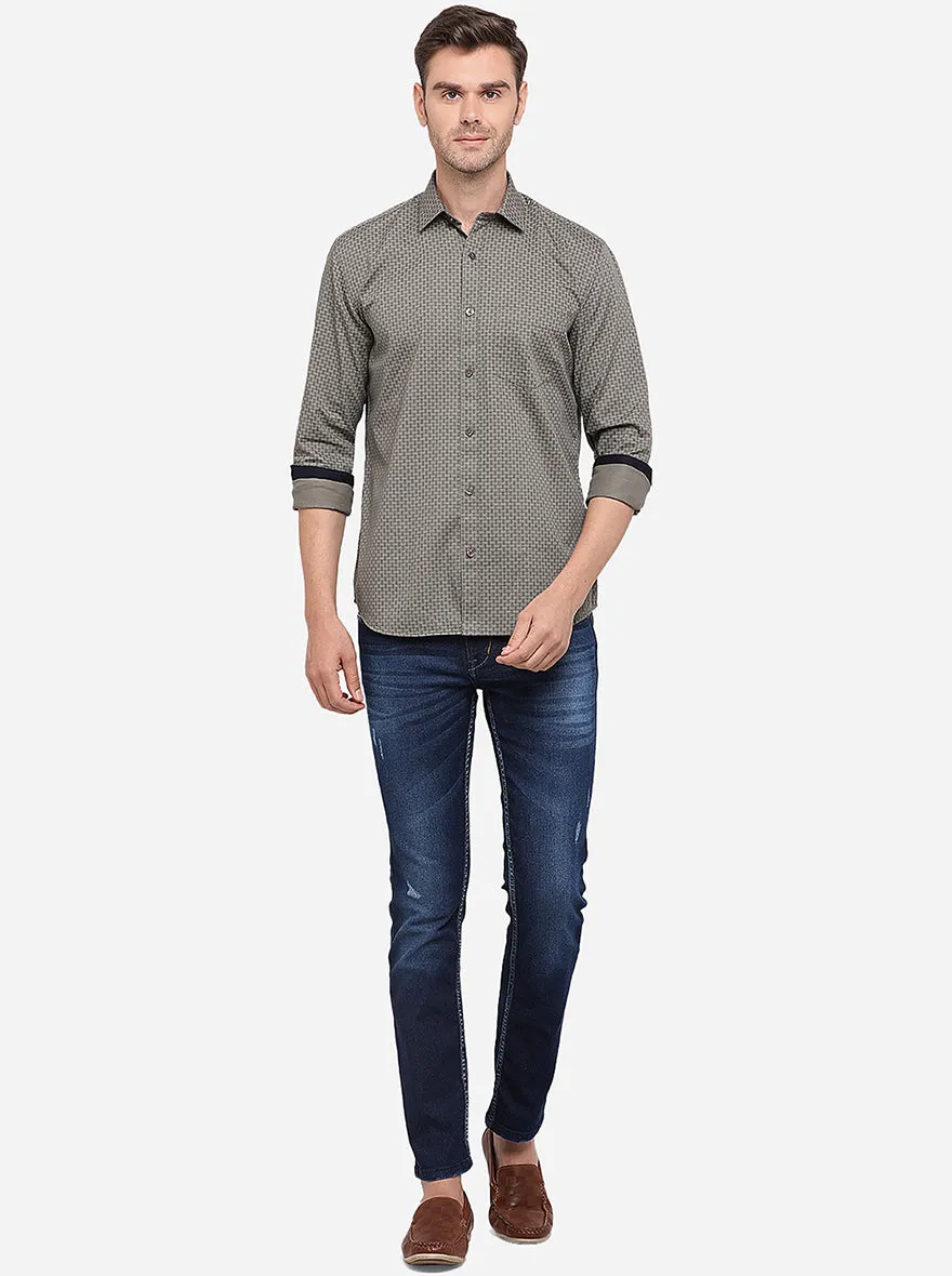 Shadow Grey Printed Slim Fit Semi Casual Shirt | Greenfibre