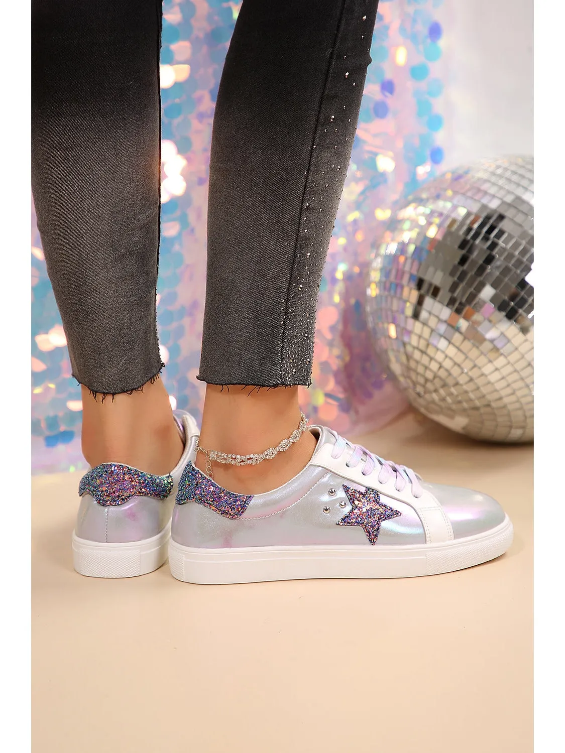 Silvery Star Sequin Patchwork Criss Cross Lace Up Sneakers