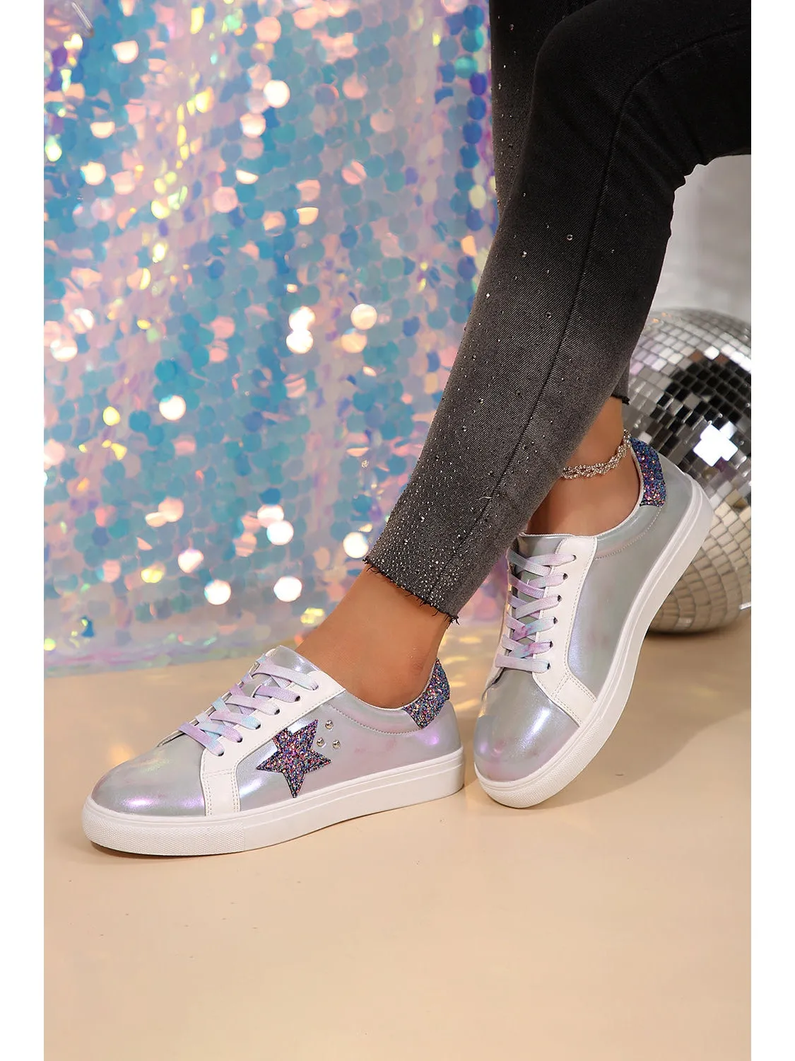 Silvery Star Sequin Patchwork Criss Cross Lace Up Sneakers