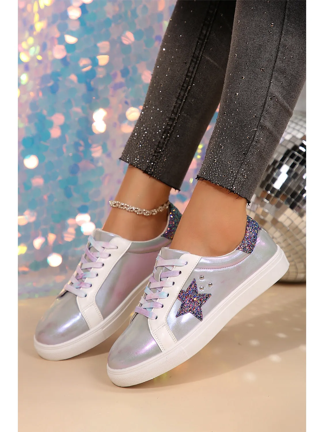 Silvery Star Sequin Patchwork Criss Cross Lace Up Sneakers