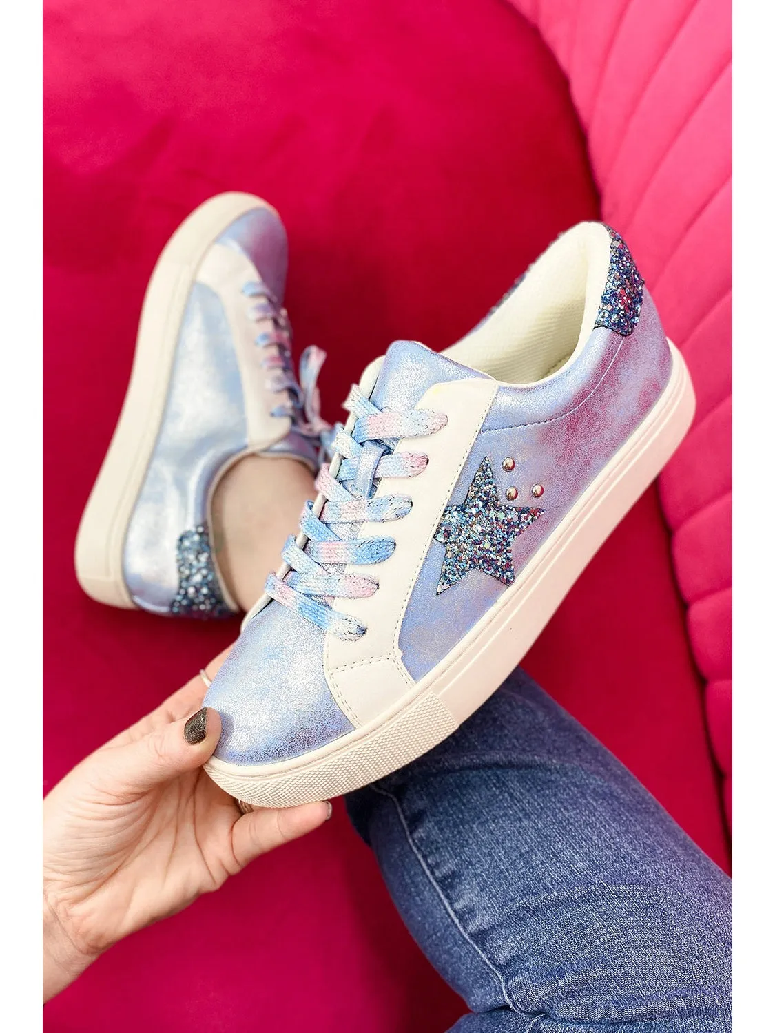 Silvery Star Sequin Patchwork Criss Cross Lace Up Sneakers