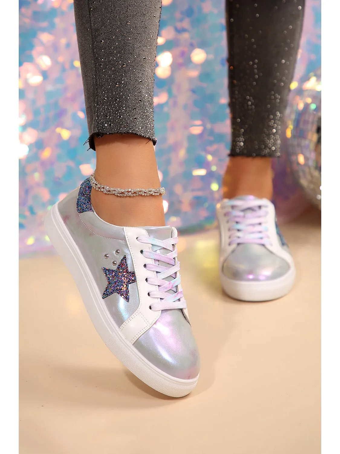 Silvery Star Sequin Patchwork Criss Cross Lace Up Sneakers