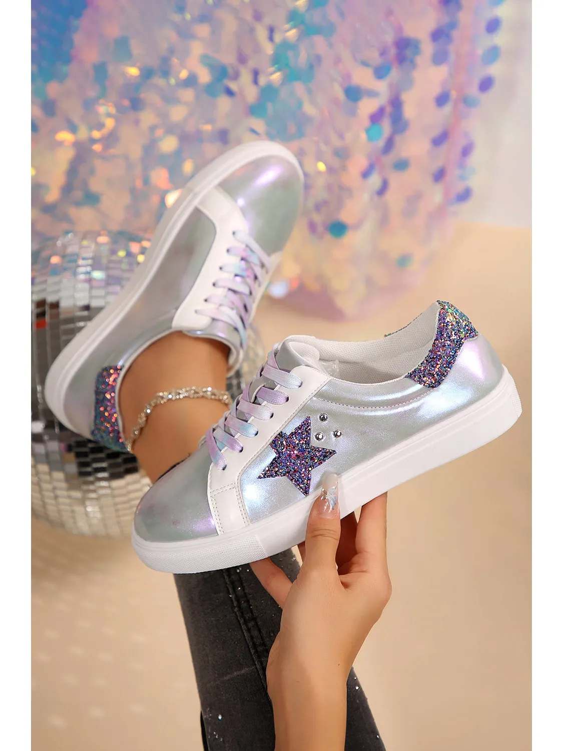 Silvery Star Sequin Patchwork Criss Cross Lace Up Sneakers