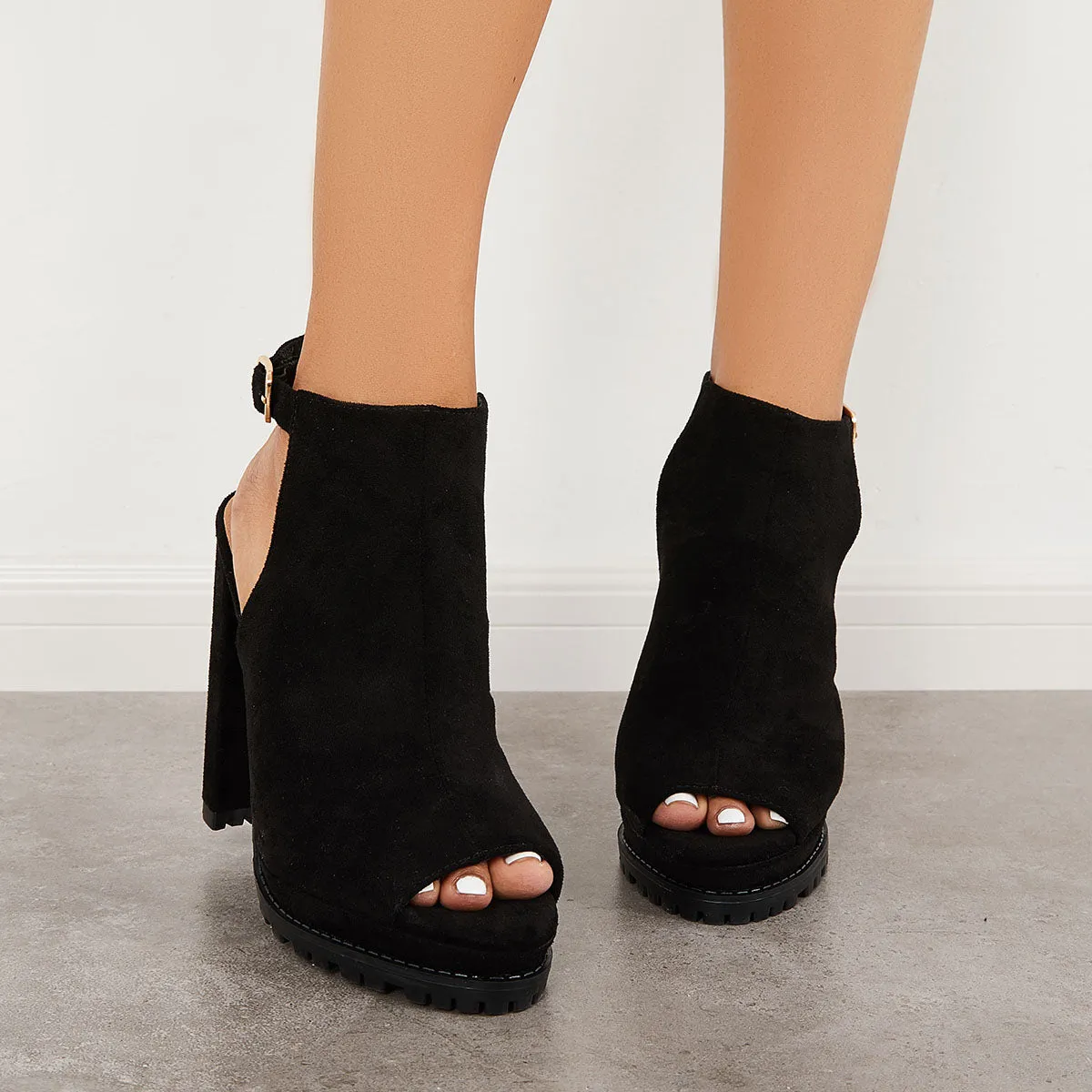 Sohiwoo Cutout Platform Chunky Heel Boots Peep Toe Slingback Sandals