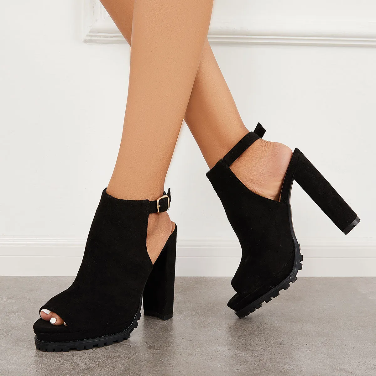 Sohiwoo Cutout Platform Chunky Heel Boots Peep Toe Slingback Sandals