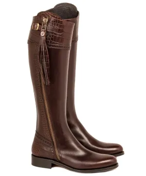 Tall Spanish Riding Boots Mock Croc Leather - Brown