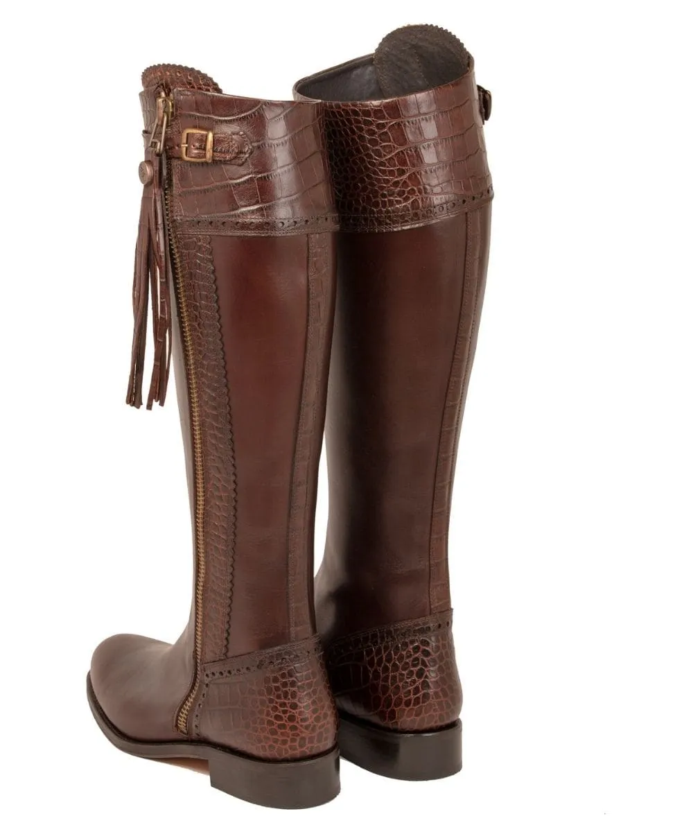 Tall Spanish Riding Boots Mock Croc Leather - Brown