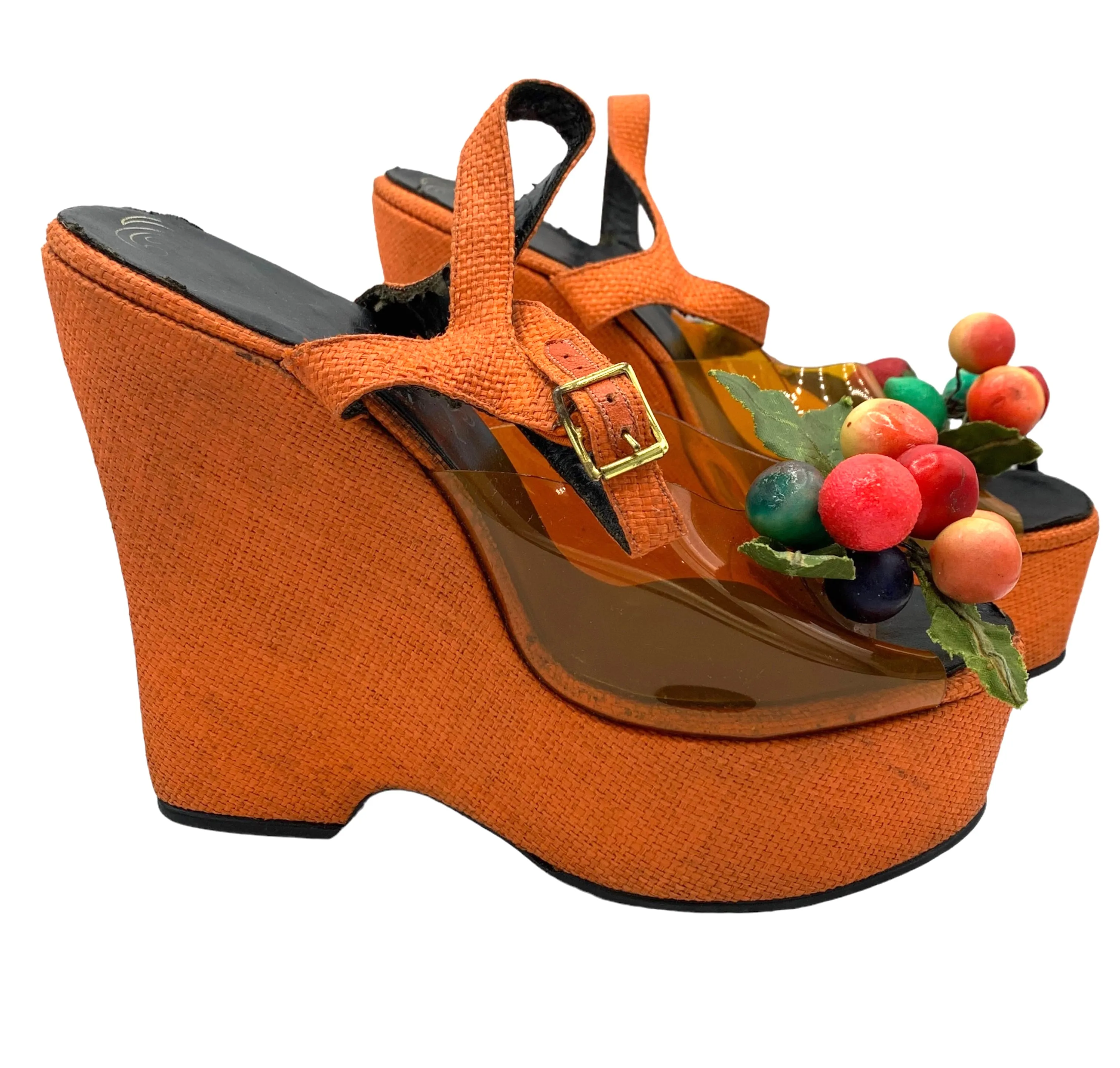 The Wonder Wedge by Bonnie Smith for Kimel '70s Orange Woven Fruit Bunch Wedge Platform Sandals