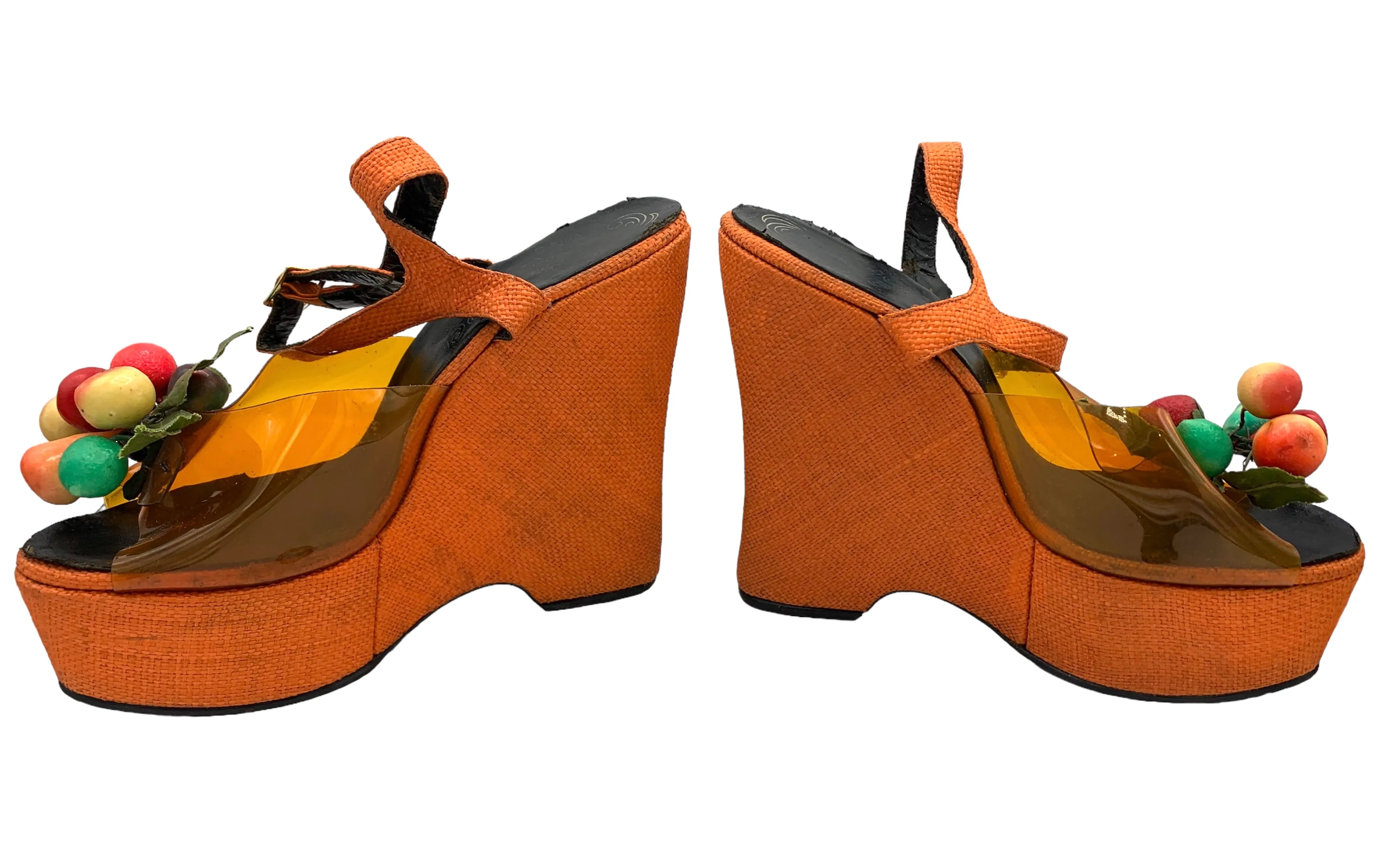 The Wonder Wedge by Bonnie Smith for Kimel '70s Orange Woven Fruit Bunch Wedge Platform Sandals