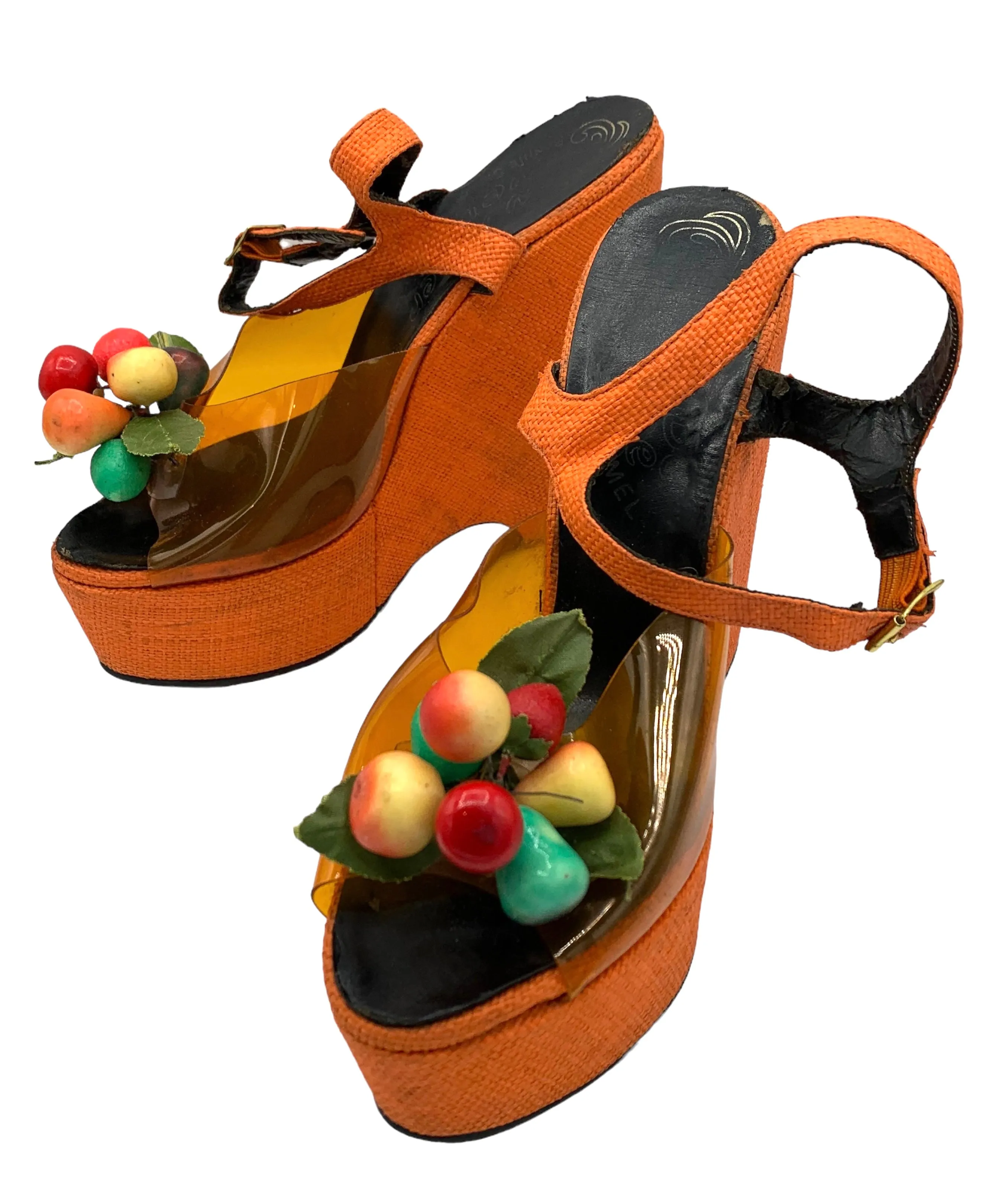 The Wonder Wedge by Bonnie Smith for Kimel '70s Orange Woven Fruit Bunch Wedge Platform Sandals