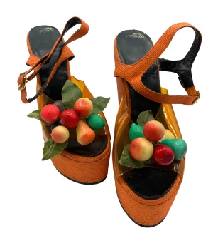 The Wonder Wedge by Bonnie Smith for Kimel '70s Orange Woven Fruit Bunch Wedge Platform Sandals