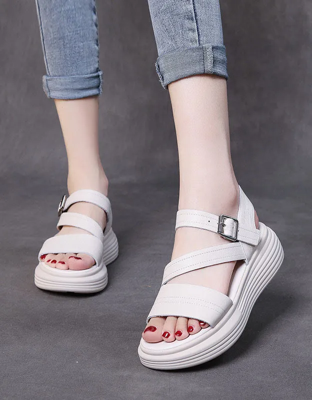 Thick Heel Cut-out Retro White Sandals