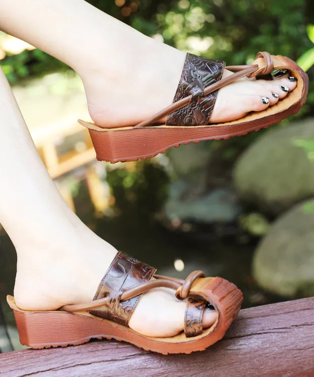 Vintage Khaki Hollow Out Splicing Wedge Slide Sandals