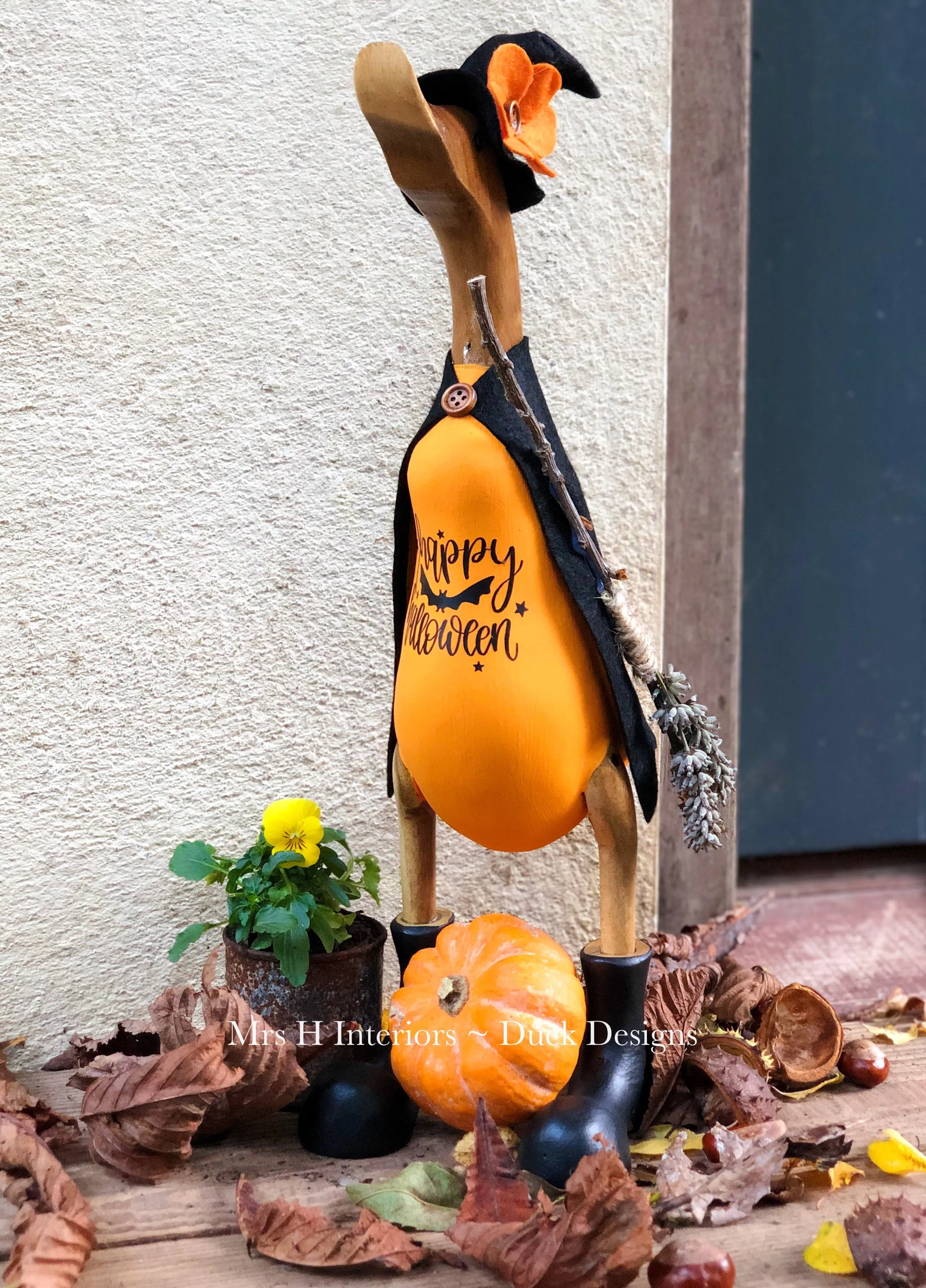 Wilma the wonderful witch - Decorated Wooden Duck in Boots by Mrs H the Duck Lady