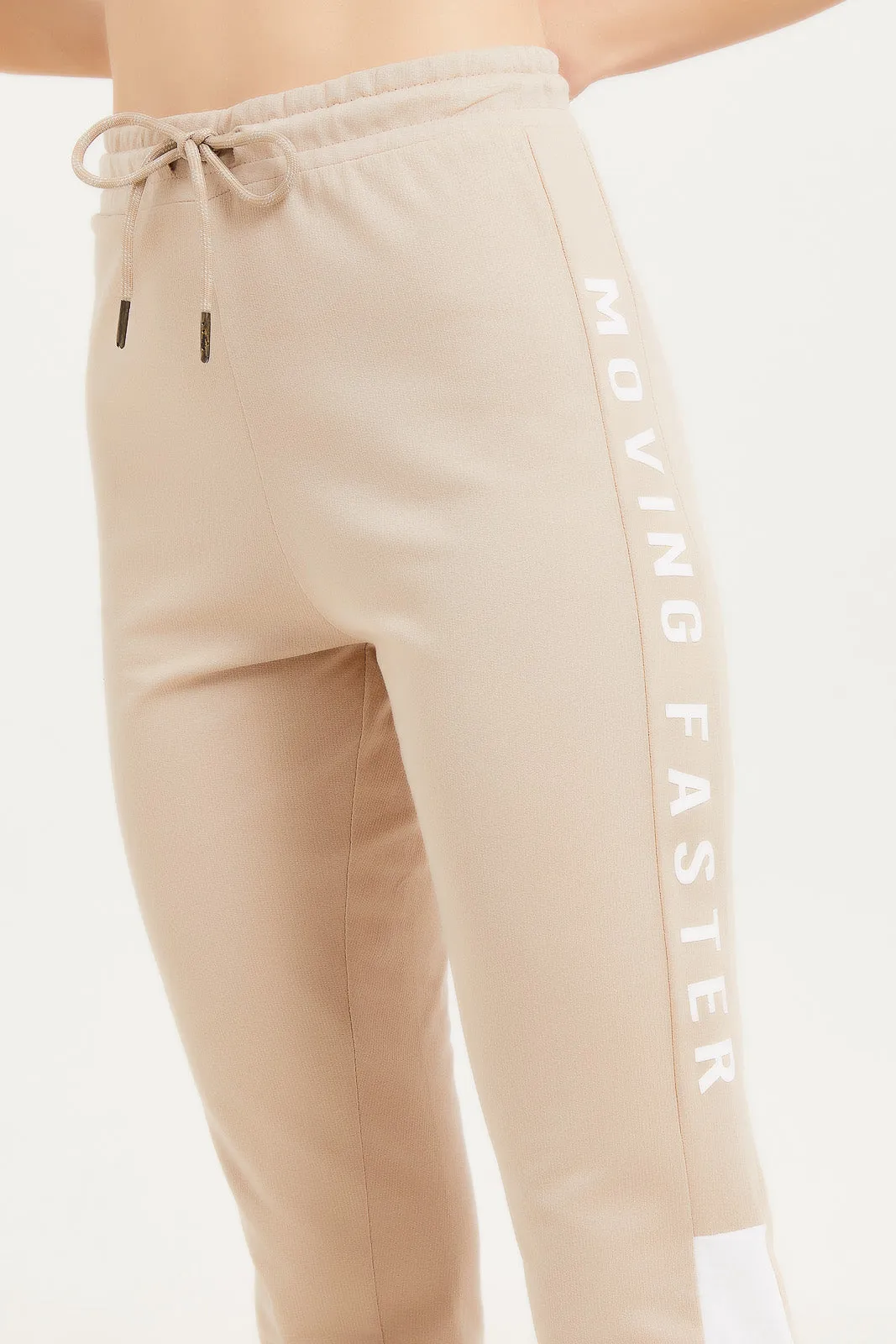 Women Beige Side Print Jogger