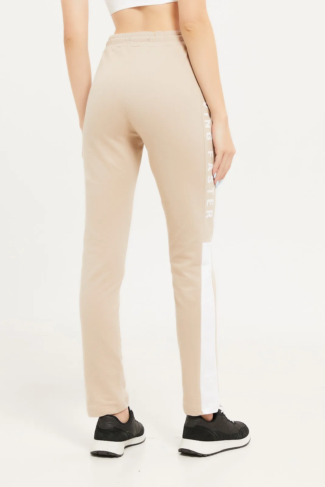 Women Beige Side Print Jogger