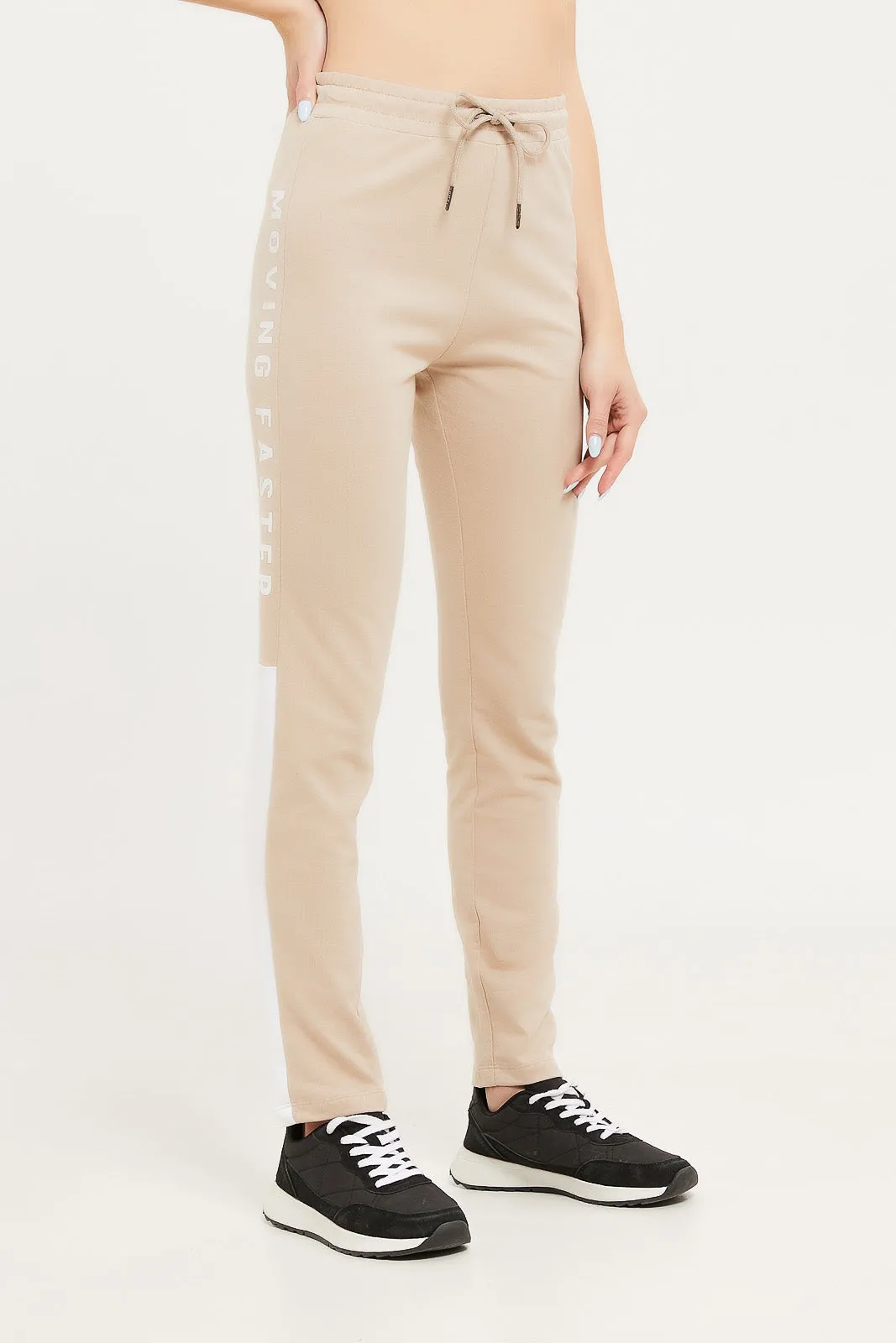 Women Beige Side Print Jogger