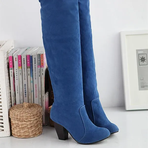 Women block heel buckle strap knee high winter boots