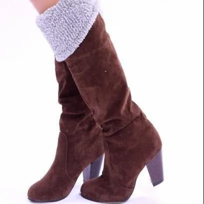 Women block heel buckle strap knee high winter boots