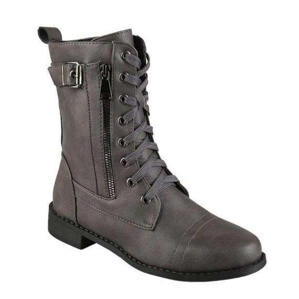 Women chunky heel buckle strap side zipper short lace up boots