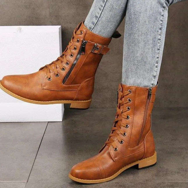 Women chunky heel buckle strap side zipper short lace up boots