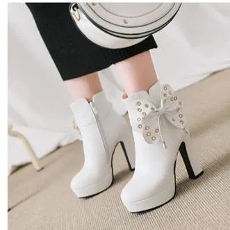 Women fringe butterfly bowknot studded platform high heel boots