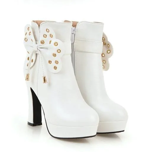 Women fringe butterfly bowknot studded platform high heel boots