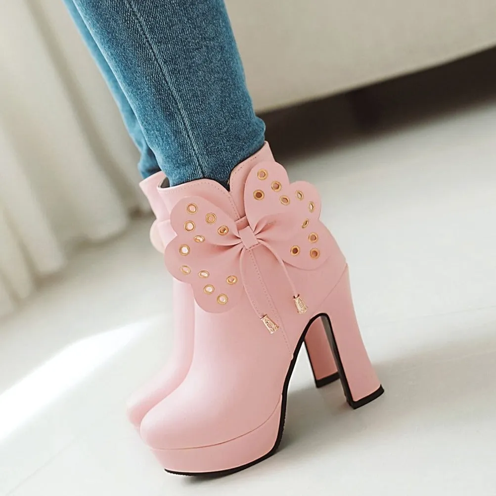 Women fringe butterfly bowknot studded platform high heel boots