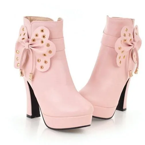 Women fringe butterfly bowknot studded platform high heel boots