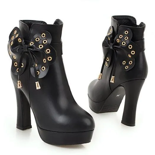 Women fringe butterfly bowknot studded platform high heel boots