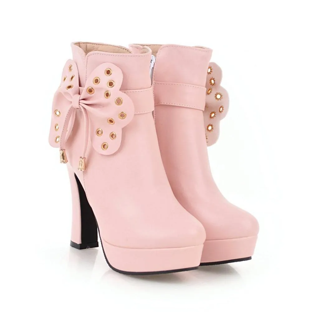 Women fringe butterfly bowknot studded platform high heel boots