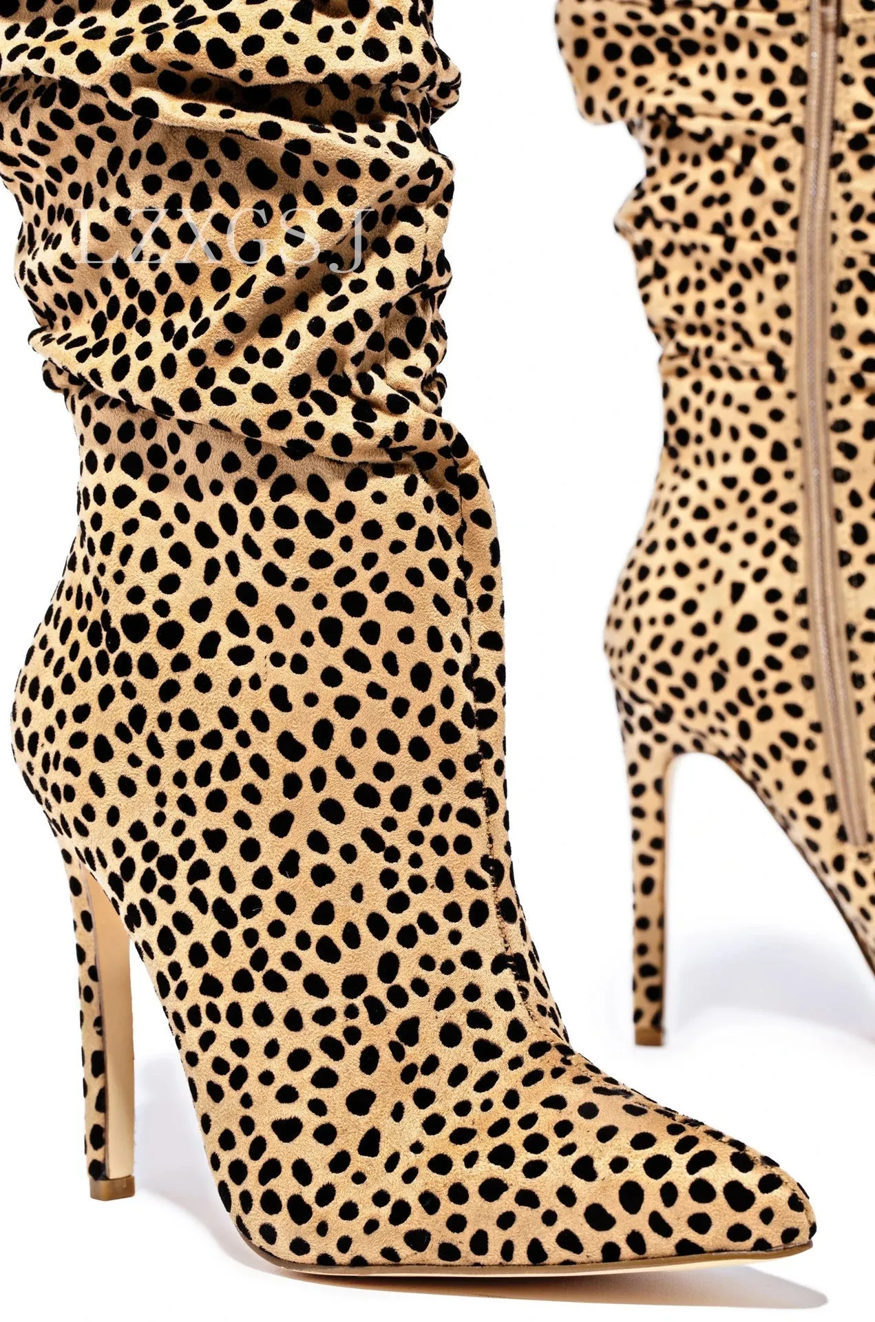 Women knee high pointed toe stiletto side zipper leopard print boots