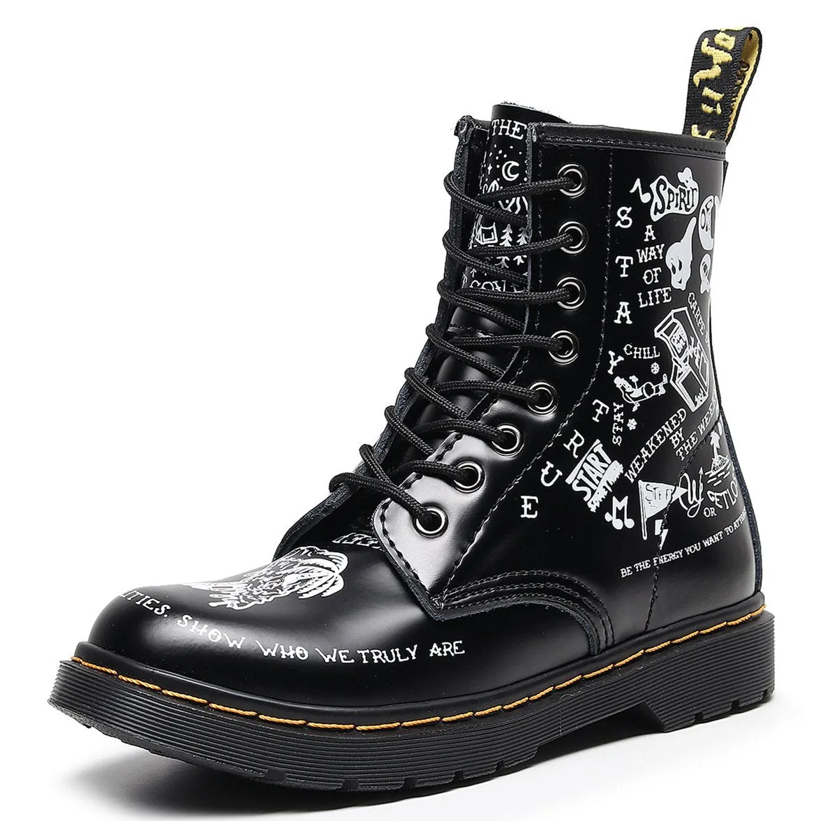 Women letters cartoon printed chunky platform lace up motorcyle boots