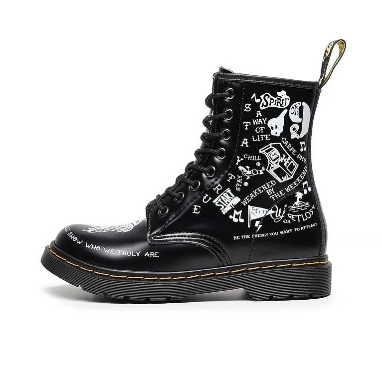 Women letters cartoon printed chunky platform lace up motorcyle boots