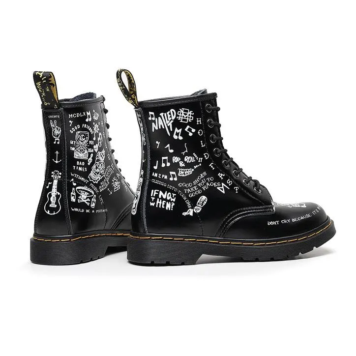 Women letters cartoon printed chunky platform lace up motorcyle boots