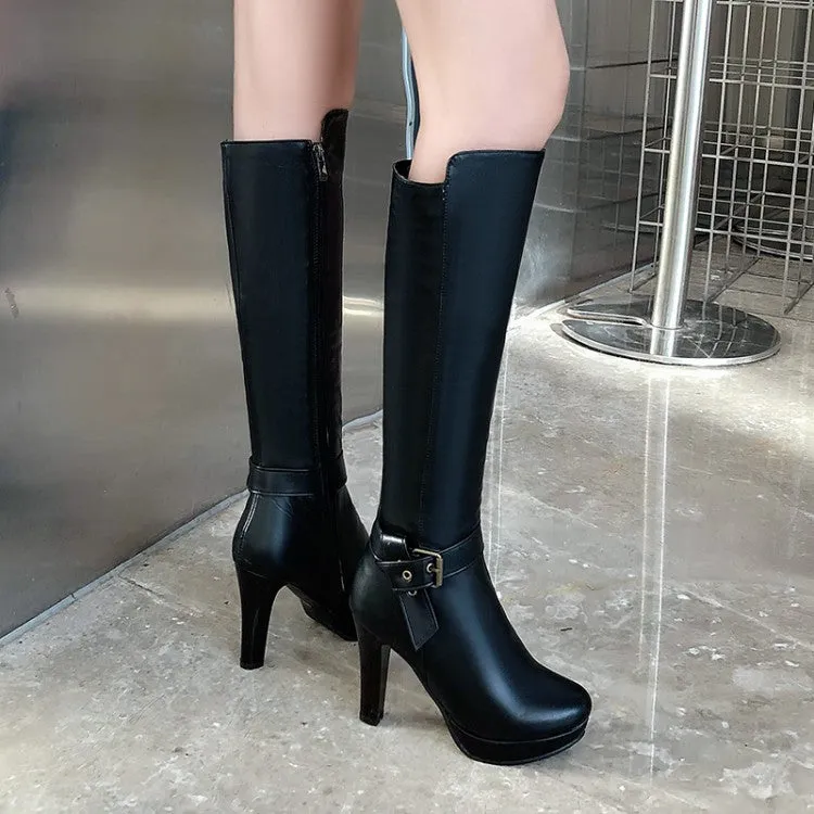 Women's Buckle Straps Side Zippers Block Chunky Heel Platform Knee High Boots