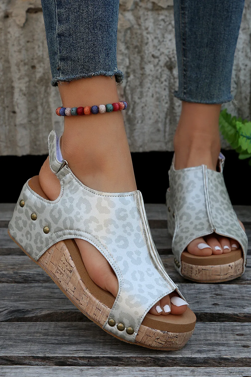 Women's Cow Leopard Print Cut Out Velcro Strap Wedge Sandals