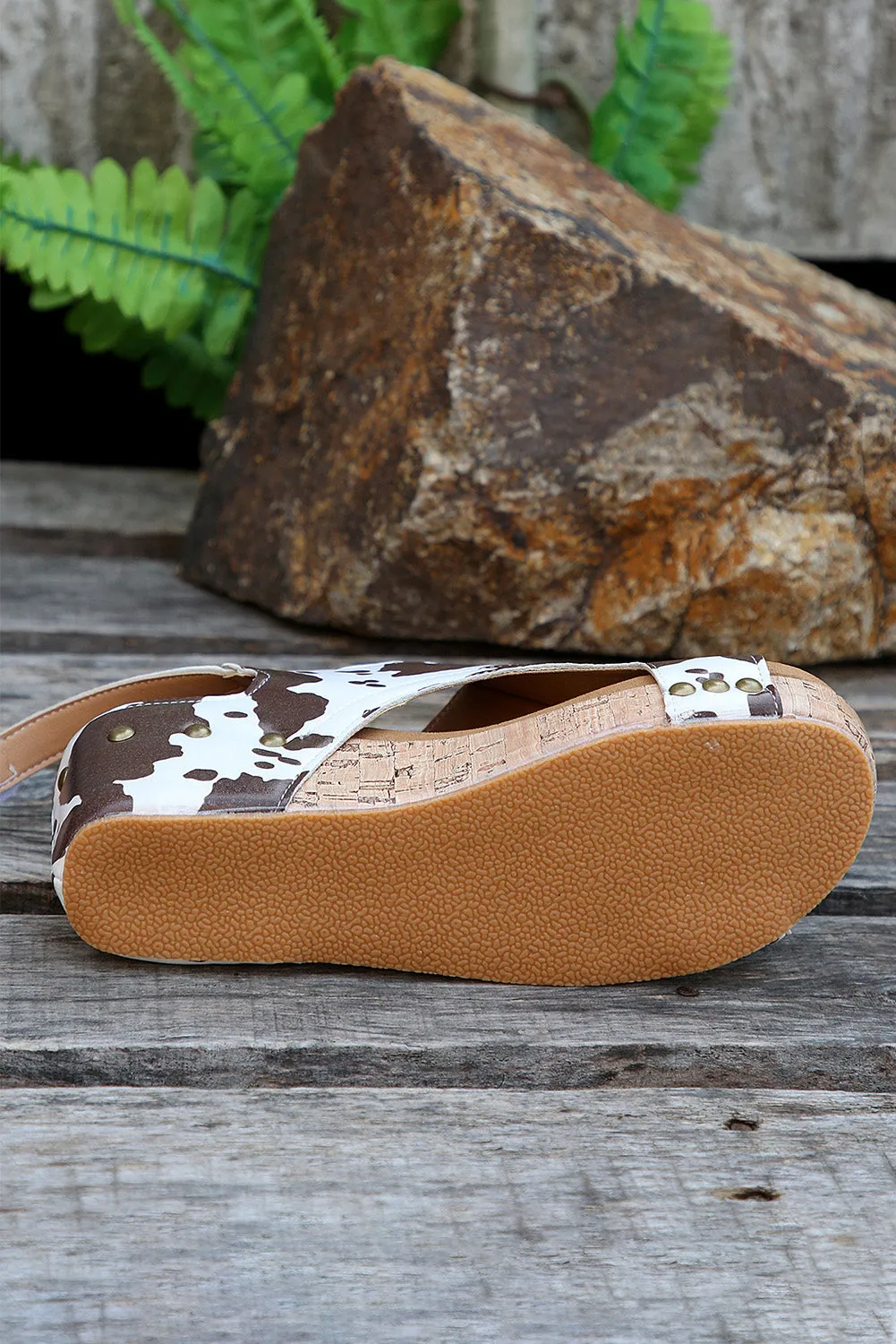 Women's Cow Leopard Print Cut Out Velcro Strap Wedge Sandals