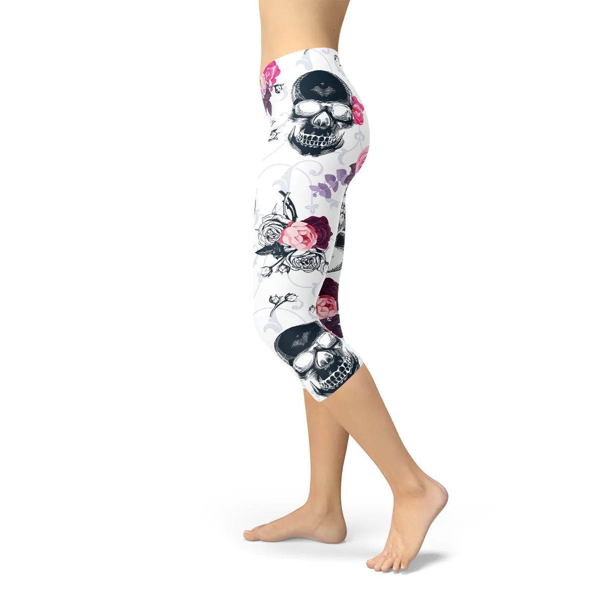 Women's Day of The Dead Capri Leggings - Skull & Floral Elegance