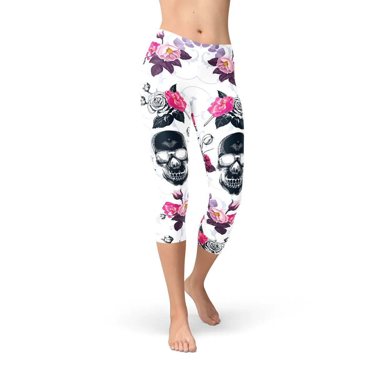 Women's Day of The Dead Capri Leggings - Skull & Floral Elegance