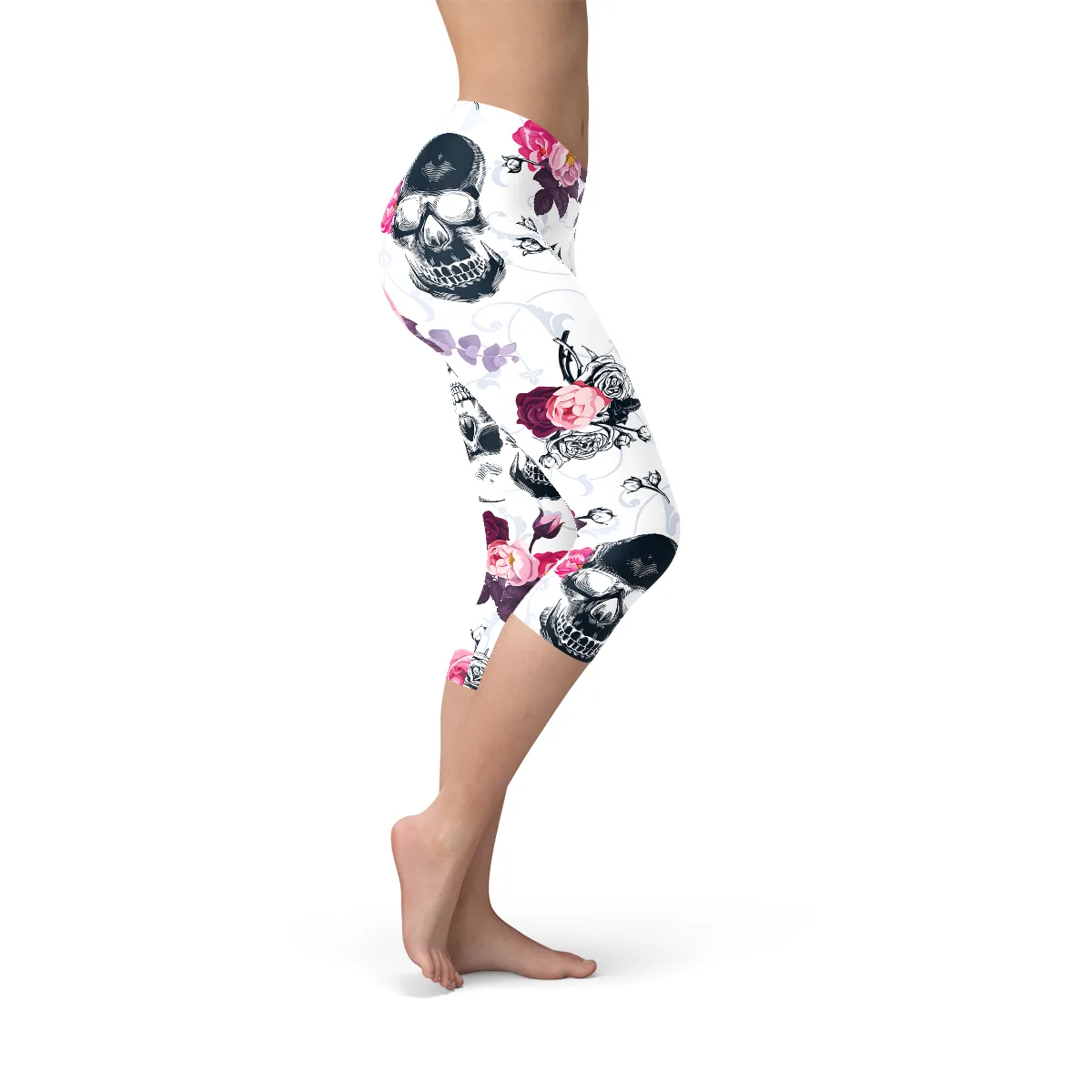 Women's Day of The Dead Capri Leggings - Skull & Floral Elegance