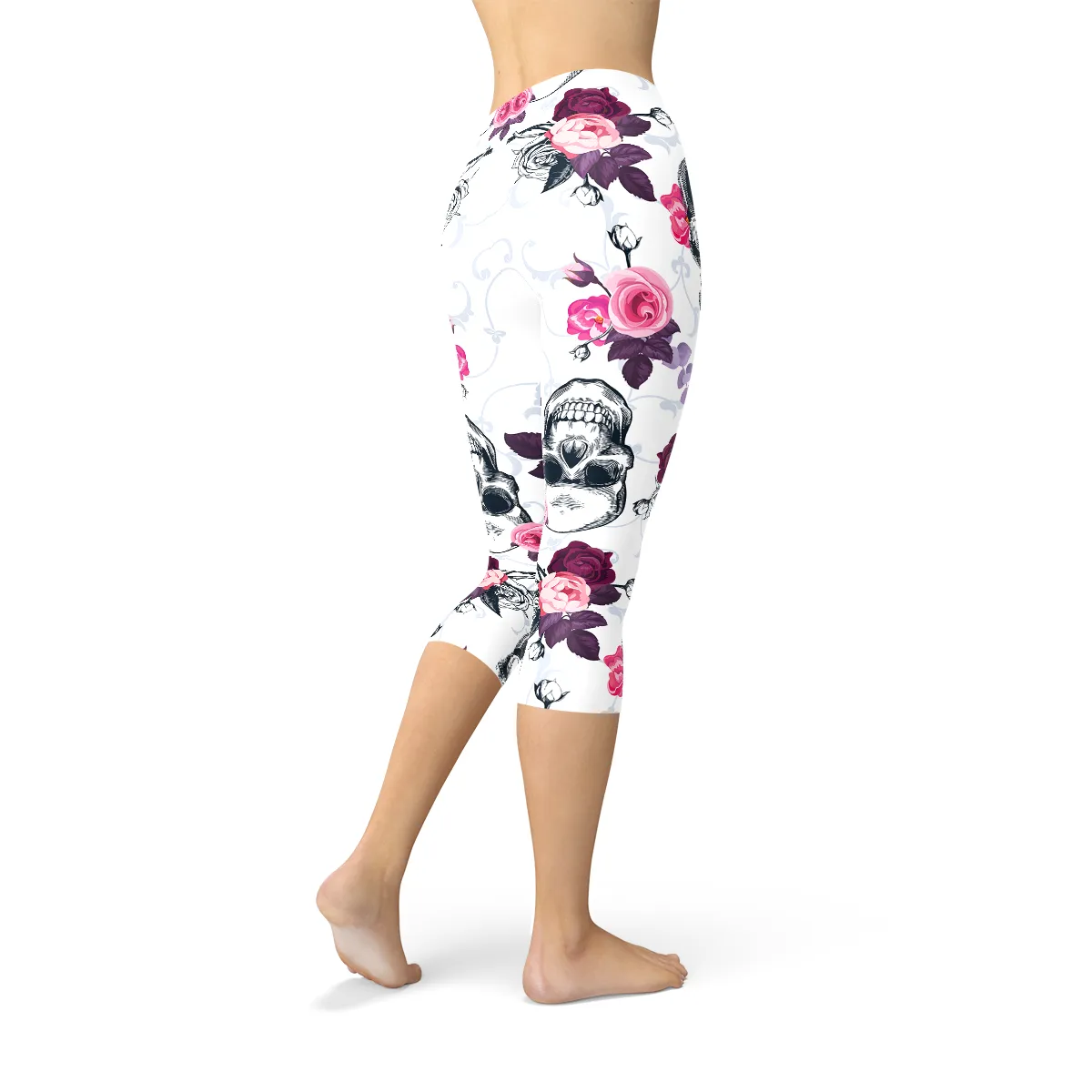 Women's Day of The Dead Capri Leggings - Skull & Floral Elegance