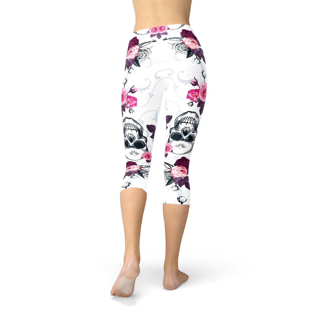 Women's Day of The Dead Capri Leggings - Skull & Floral Elegance