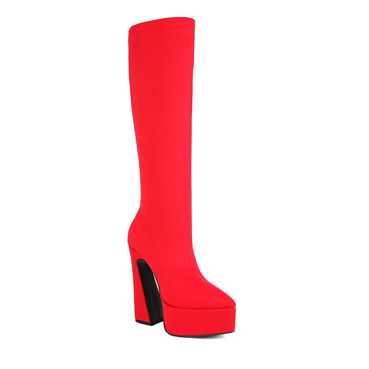 Women's Flock Pointed Toe Stretch Spool Heel Platform Knee High Boots