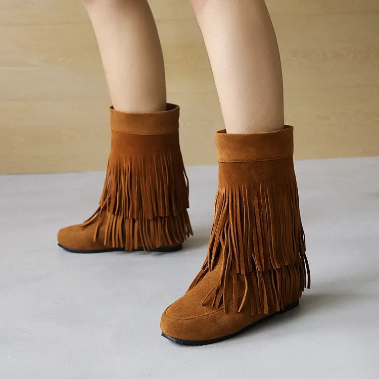 Women's Flock Round Toe Tassel Flat Inside Heighten Mid Calf Boots