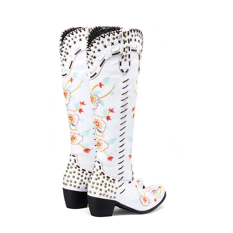 Women's Flora Embroidery Puppy Heel Cowboy Knee High Boots