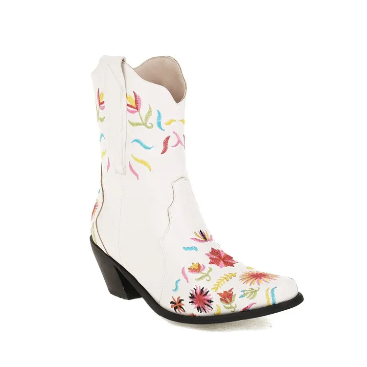 Women's Floral Embroidered High Heels Short Boots